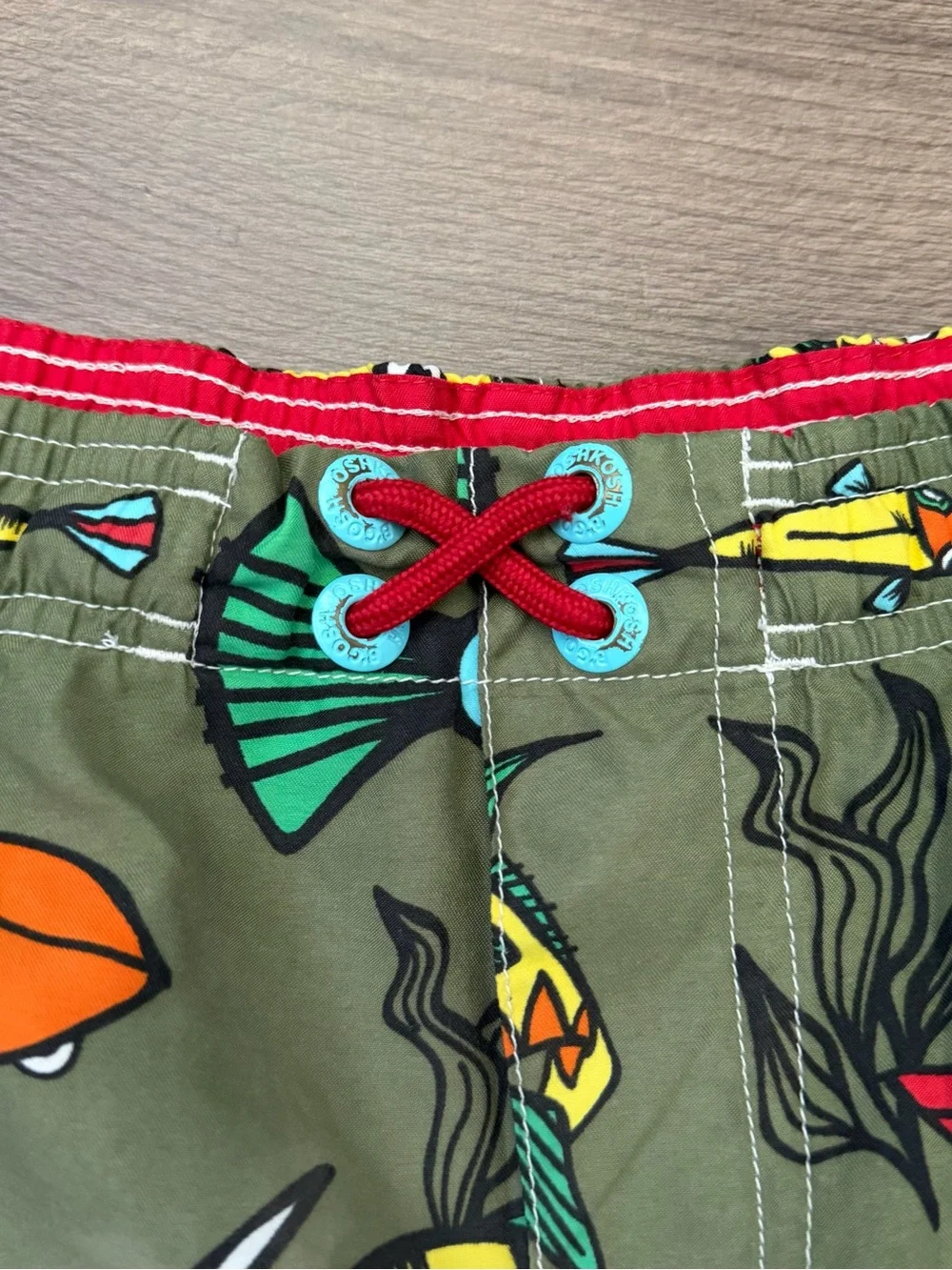 Vintage OshKosh Olive Green Multi-Colored Fish Swim Trunks Size 6